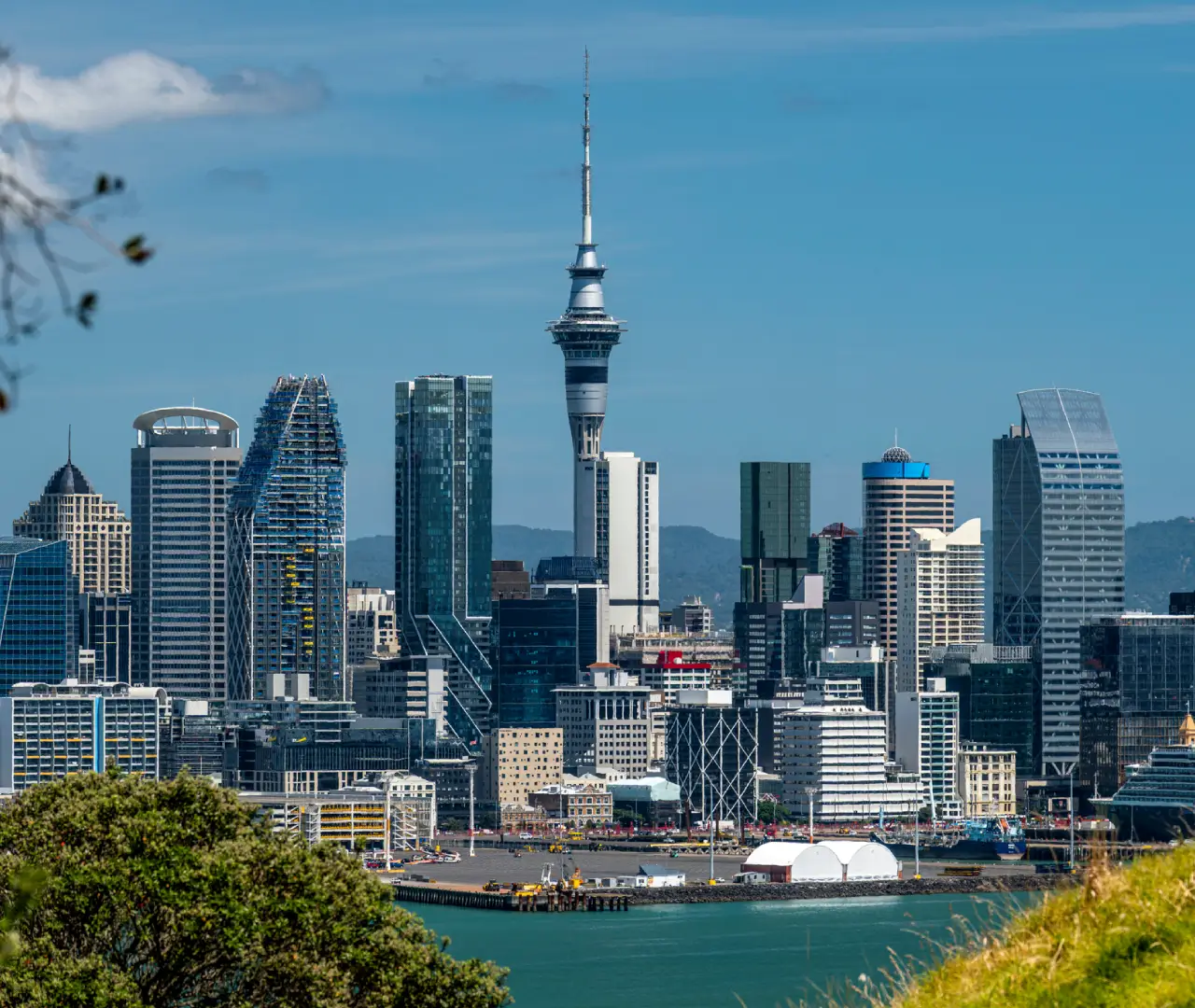 Auckland skyline with Sky Tower and harbor.