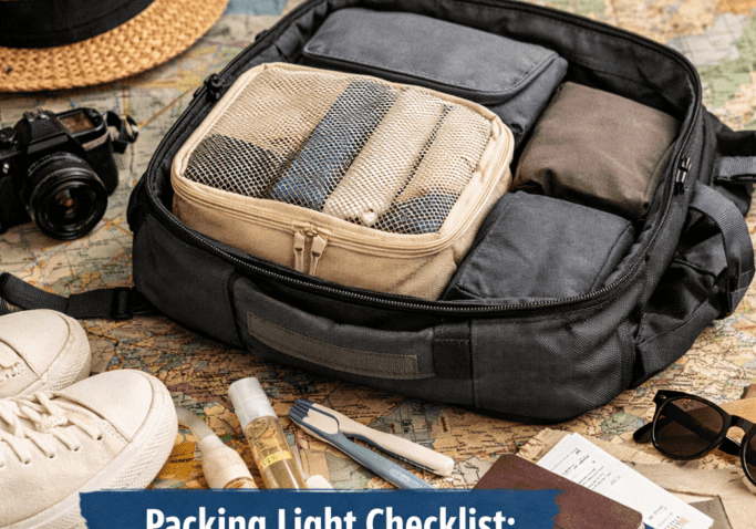 Travel essentials and packing checklist on map.